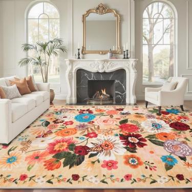 Imagem de Babovid Tapetes de área 22 x 30 cm lavável para sala de estar, tapete grande floral antiderrapante para sala de estar, quarto, casa de fazenda, sala de jantar, sala de jogos infantil (jardim amarelo