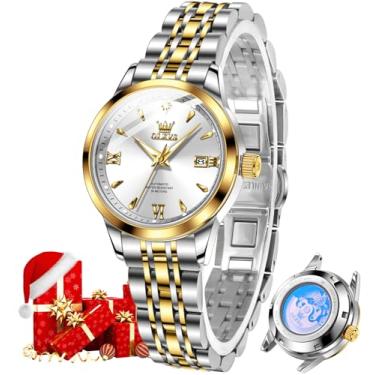 Imagem de OLEVS Relógio feminino automático, dourado, luxuoso, diamante, corda automática, à prova d'água, luminoso, data, L9956: Pulseira de dois tons e mostrador branco, Elegante