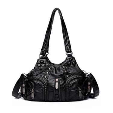 Imagem de KEQIKAI Bolsa de ombro feminina pequena Hobo de couro vegano com vários bolsos com zíper, bolsa transversal, Preto