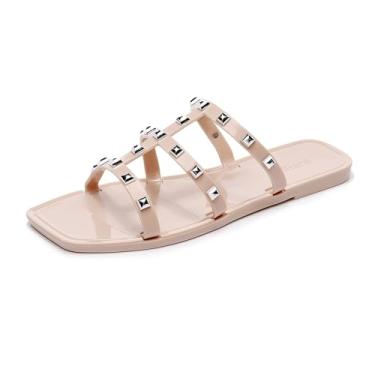 Imagem de OMGard Sandálias rasteiras femininas, sapatos cravejados de gelatina tamanho 9 vermelho elegante verão praia rebites tiras geleias deslizantes nos dedos abertos, Bico quadrado cravejado redondo bege