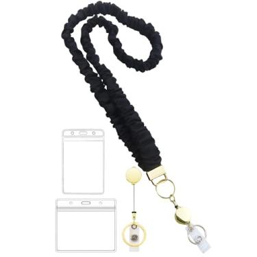 Imagem de Vxhinqy Cordão Scrunchie com suporte de identificação para crachás de identificação - Lindos cordões elásticos para professoras mulheres (preto (retrátil))