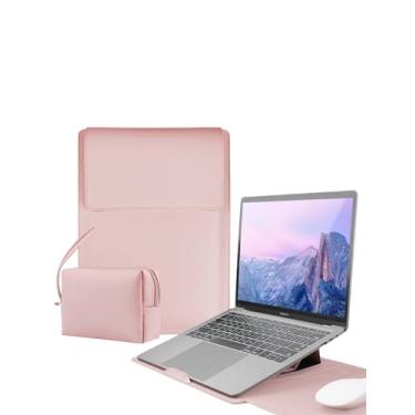 Imagem de Capa de couro vertical para laptop 15-15,6-16 polegadas compatível com MacBook Air M4 M3 M2 M1 HP Acer Dell Lenovo ASUS Notebook, capa de couro sintético com bolsa de acessórios (rosa, 15-16 polegadas