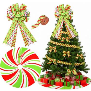 Imagem de Zomiboo O conjunto de decoração de árvore de Natal inclui grande laço de enfeite de árvore de Natal verde com pontos vermelhos e fitas decorativas de Natal com fio para decoração de casa de fazenda