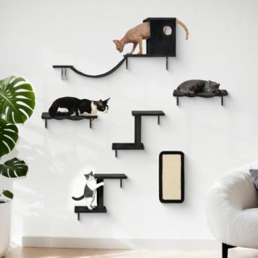 Imagem de Meecal Prateleiras de parede 6 em 1 para gatos, móveis para gatos montados na parede para gatinhos internos, prateleiras flutuantes modernas com postes para arranhar, cama, poleiro, ponte, condomínio
