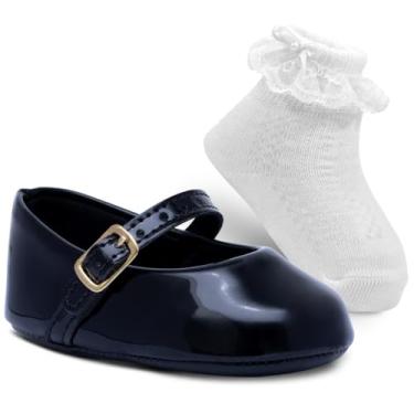 Imagem de Kit Sapatinho Bebe Menina Boneca + Meia Infantil Festa Batizado K53 (Preto, BR, Bebê, Alfa, P)