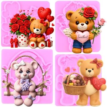 Imagem de MIYAHOUSE Moldes de fondant de urso moldes de silicone para decoração de bolos, topo de cupcake, pasta de goma de chocolate, argila de polímero, conjunto de 4