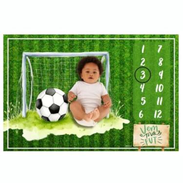 Imagem de Edredom Dupla Face Tapete Foto Bebê Mêsversário Vem Pro Fut Cobertor Fofinho, Fundo para Fotos Mensais, Multiuso, Estampa Digital, Com Marcador MDF