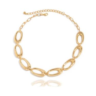 Imagem de Artmiss Colar de corrente de ouro, gargantilha oval grossa, banhado a ouro 14 K, colar de camadas ajustável, joia de presente para mulheres e homens