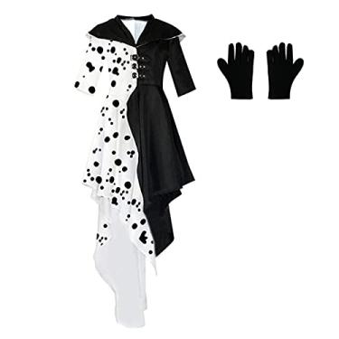 Imagem de Vestido de fantasia feminino Cruella Deville 2021 Cruela Dálmata fantasia de Halloween com luvas conjunto completo (tamanho dos EUA)