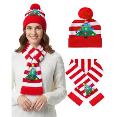 Imagem de Zinniday Chapéu de Natal com cachecol, 2 peças de chapéu de Papai Noel com padrão de árvore de Natal, gorro piscante, conjunto de cachecol tricotado para decoração de festa festiva de feliz Natal Ano