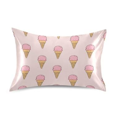 Imagem de xigua Fronha de cetim com cones de sorvete para cabelo e pele lavável na máquina almofada de cetim antiderrapante refrescante capa de travesseiro padrão com fecho de envelope, 51 cm x 66 cm