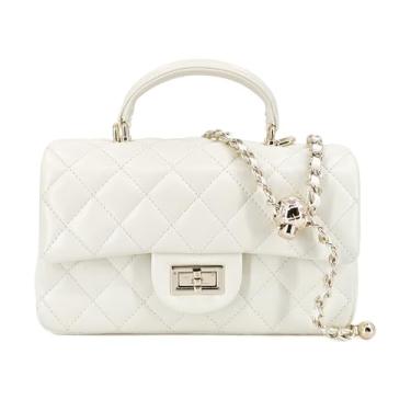 Imagem de M-ioi-M Bolsa tiracolo acolchoada pequena para mulheres, bolsa de ombro de couro genuíno com alça de corrente dourada, mini bolsa de aba com alça superior, Branco quente (alça destacável), Clássica