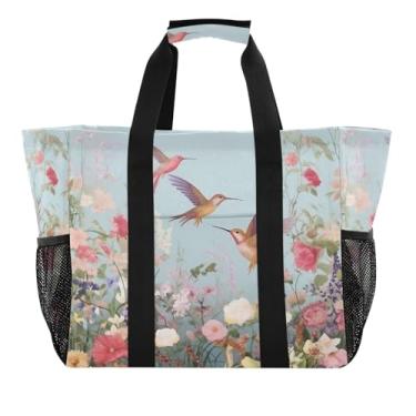 Imagem de Wassud Bolsa de compras reutilizável para beija-flores e flores, bolsa grande, impermeável, organizadora de lona para praia, piquenique, lavanderia, viagem