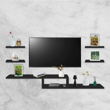 Imagem de Rack Suspenso Para Tv Com Nicho e Prateleiras Preto ou Branco Para sala e quarto(Preto Rack Nicho 6)