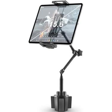 Imagem de woleyi Suporte de tablet para suporte de copo de carro, [rotação total de 50 cm de altura] Suporte de metal para tablet de carro para caminhão, para iPad Pro Air Mini, Galaxy Tab, Z Fold, Fire, iPhone