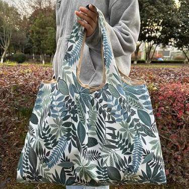 Imagem de Sacola de compras leve e dobrável de grande capacidade – Nylon reutilizável com estampa de folha, adequada para compras, praia, viagens