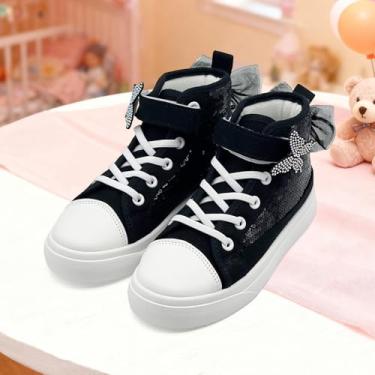 Imagem de Tênis infantil para meninas e meninos, cano alto brilhante, moderno, com lantejoulas, laço e cadarço, tênis de lona, tênis de corrida, caminhada casual, Preto, 19