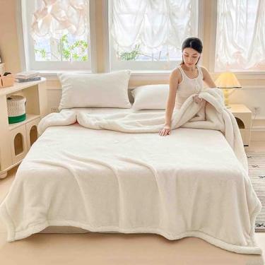 Imagem de Cobertor de lã fofo feminino masculino para cama adulto longo casal solteiro para sofá de camada dupla de lã macio confortável grosso quente para primavera outono inverno (branco, 180 x 200 cm)