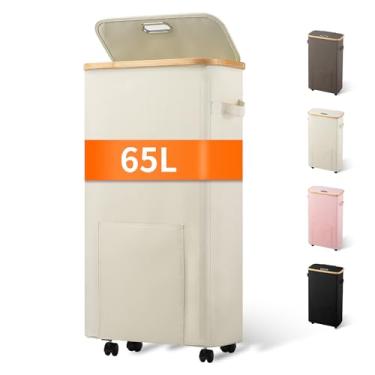 Imagem de Vincona Cesto de roupa suja fino com rodas, cesto de roupa suja alto sobre rodas, cesto de roupa estreito com tampa para dormitório, quarto e banheiro, bege 65L
