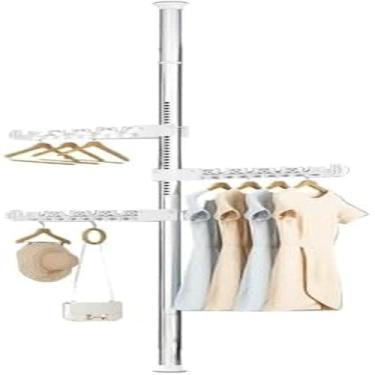 Imagem de Cabideiro Vertical com 4 Braços Multiuso, Branco, Metal e Plástico, 3,1m Altura, com Rodízios, para Closet e Lavanderia