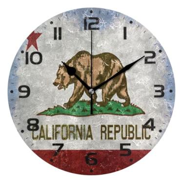Imagem de JUZIHAI Relógio de parede com bandeira da Califórnia, silencioso, redondo, sem tique-taque, operado por bateria, fácil de ler, relógio decorativo de parede para casa, cozinha, sala de estar, quarto
