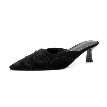Imagem de SOVANYOU Salto gatinho feminino bico fino salto alto bico fino costura design chama salto alto confortável mules para casual, Camurça preta, 38