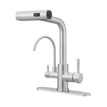 Imagem de Fapully Torneiras de cozinha suspensas, torneira de pia de cozinha de 3 vias com pulverizador de puxar para baixo e torneira de água potável, inclui placa de deck para níquel escovado de 1 ou 3 furos