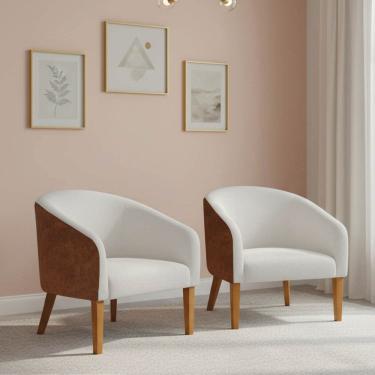 Imagem de Poltrona Sala Kit 2 Stella Pé Madeira Trapézio Sintético PU Nozes Bouclê Off White D03 - D'Rossi