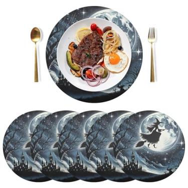 Imagem de Conjunto de 6 tapetes pretos de lua de Halloween, lavável para cozinha, mesa de jantar, 38 cm, jogo americano redondo de PVC para cozinha