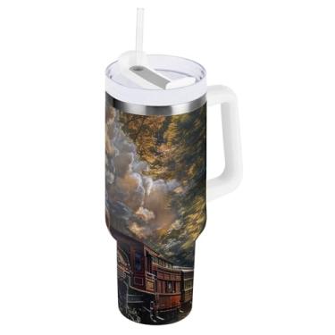 Imagem de ODAWA Copos vintage de aço inoxidável isolados com alça e tampa de palha, copo isolado grande