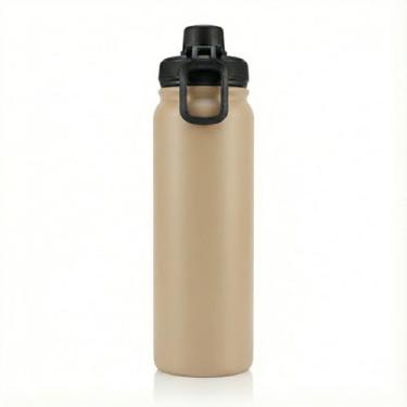 Imagem de Garrafa Térmica PREMIUM Esportiva 800ml Aço Inox 304 – Parede Dupla a Vácuo (Gelada por 12h / Quente por 8h) – Tampa Antivazamento com Alça Dobrável (Bege)