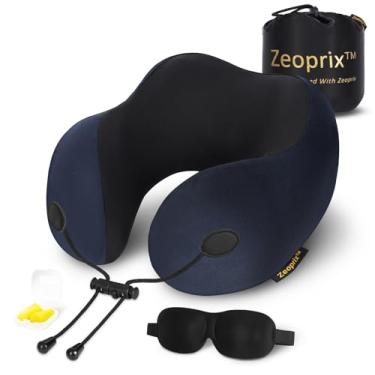 Imagem de ZEOPRIX Travesseiro de viagem, travesseiro de pescoço de espuma viscoelástica para avião, suporte ergonômico de pescoço com capa lavável e respirável, inclui máscara para os olhos, tampões de ouvido e