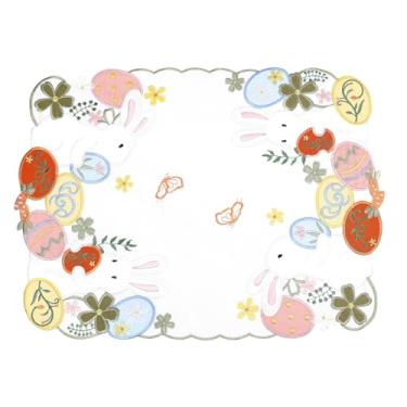 Imagem de Jogo americano de Páscoa, conjunto de 4 ovos de coelho brancos bordados, recortado colorido, flores, cenouras, decorações sazonais para mesa de jantar e centro