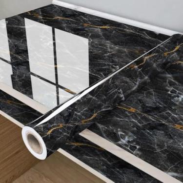 Imagem de Papel de Parede Adesivo para Cozinha Lavável Resistente a Altas Temperaturas(Rolo de 2 Metros,Mármore Preto e Dourado)