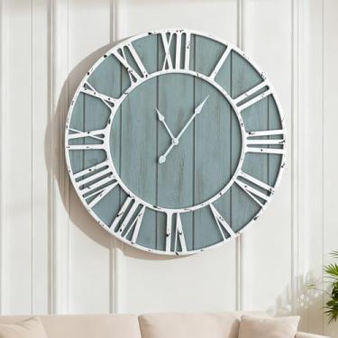Imagem de Quelay Relógio de parede costeiro de 50 cm, relógio de madeira vintage de fazenda azul com algarismos romanos, funcionamento silencioso por bateria, decorativo retrô rústico para sala de estar