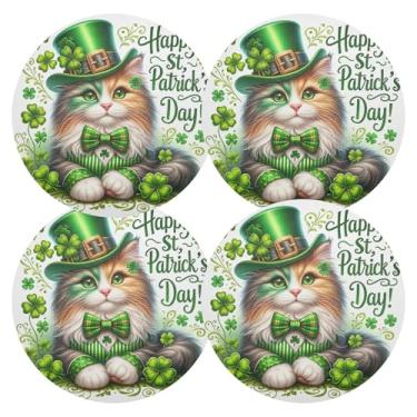 Imagem de Conjunto de 4 tapetes de jantar verdes de gato de São Patrício, 38 cm, lavável, jogo americano redondo de PVC, para mesa de jantar, mesa de cozinha