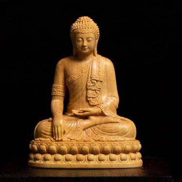 Imagem de FENNYYAR Requintada estátua de Buda Shakyamuni escultura em madeira de buxo, 10 cm, decoração de escritório em casa, ornamento Feng Shui