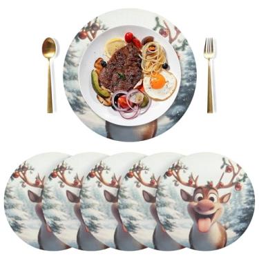 Imagem de Jogo americano circular de Natal com rena, conjunto de 6 jogos americanos laváveis para cozinha, mesa de jantar, 38 cm, redondo em PVC circular
