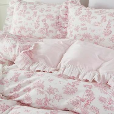 Imagem de Brandream Conjunto de capa de edredom French Country Toile tamanho casal para quarto de meninas vintage rosa toile estampa floral 100% algodão delicado babados franja macia e respirável, 3 peças de