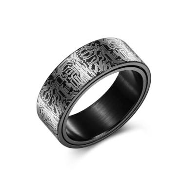 Imagem de Adreamz Anel com padrão de placa de circuito de computador de 8 mm preto/prata/azul/ouro - anel giratório de aço inoxidável para alívio da ansiedade para homens, programador, aliança de casamento