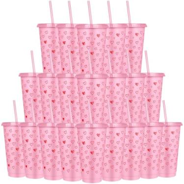 Imagem de LemonRoad Conjunto de 24 copos de copo de dia dos namorados com tampas e canudo 680 g copos de plástico reutilizáveis rosa oco amor coração copo a granel para beber café gelado casamento chá de panela