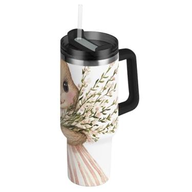 Imagem de Joisal Copos com tampa e estampa de flores de coelhinho de palha, copo de 850 g com alça, garrafas de água com isolamento térmico, carros de aço inoxidável, xícara de café, bebida quente