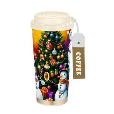 Imagem de Caneca de viagem de café 16+ Oz, copo de café de viagem com revestimento cerâmico com canudo e tampa, copo isolado a vácuo de aço inoxidável, árvores de Natal coloridas, bonecos de neve