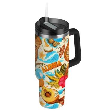 Imagem de Tropical Hawaiian Tiki Masks Copos de frutas com tampas e canudo grande copo com alça Garrafa de água de 1,134 g Garrafa de água isolada de aço inoxidável para copo de carro