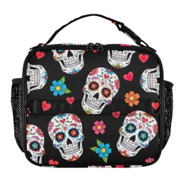 Imagem de Joisal Lancheira preta com caveiras florais vibrantes para mulheres, lancheira personalizada para meninas, crianças, homens, lancheira para trabalho, linda bolsa térmica de alimentos floral para