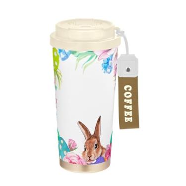 Imagem de Caneca de viagem de café 40 ml com canudo e tampa, revestimento cerâmico isolado a vácuo copo de café de aço inoxidável à prova de vazamento, guirlanda de coelho em aquarela de Páscoa