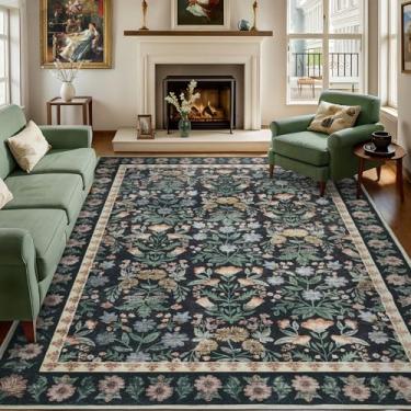 Imagem de Dotiiorug Tapete vintage lavável para sala de estar, tapete antiderrapante 12 x 18 cm, antiderrapante, macio, interior resistente a manchas, tapete com estampa floral para quarto, sala de jantar