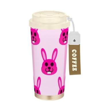 Imagem de TSENQUE Coelho rosa listrado animal, copo de café de viagem 473 ml com canudo e tampa, canecas de café de parede dupla isoladas a vácuo com revestimento cerâmico para escritório, escola, festa