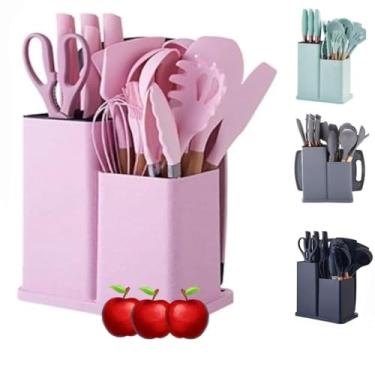 Imagem de Kit de Utensílios para Cozinha em Silicone com 19 Peças, Cabo de Madeira, Espátula Antiaderente, Concha, Colher, Faca, Tesoura, Tábua de Cortar e Suporte Organizador (ROSA)