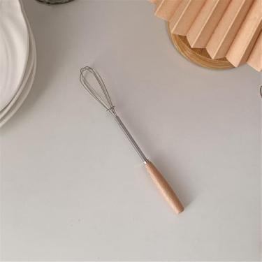 Imagem de Batedor de ovos de aço inoxidável - batedeira manual rotativa com cabo de madeira para misturar creme, manteiga, molho, massa de panqueca